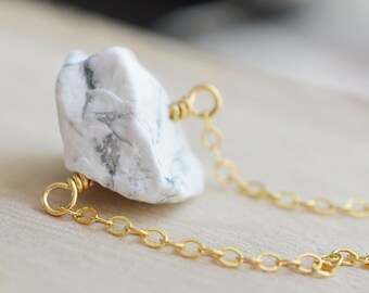 Raw Howlite Necklace - Genuine White Howlite Pendant - Marble Stone Jewelry - Sterling Silver or 14k Gold Filled - Calming Crystal Healing