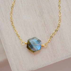 Labradorite Necklace in Sterling Silver or 14k Gold Filled - Hexagonal Stone Pendant - Dainty Gemstone Jewelry - Gift For Women
