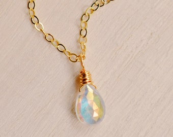 Angel Aura Quartz Necklace in Sterling Silver or 14k Gold Filled - Dainty Rainbow Quartz Teardrop Pendant - Crystal Jewelry - Gift For Her