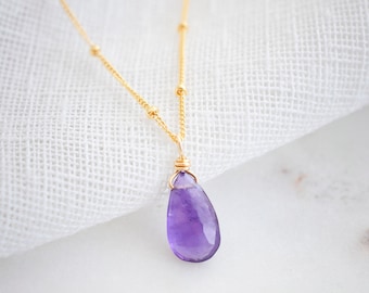 Amethyst Necklace in Sterling Silver or 14k Gold Filled - Genuine Natural Purple Gemstone Teardrop Pendant, Minimalist Jewelry, Gift for Her