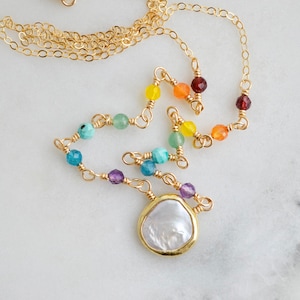 Rainbow Necklace with Pearl in Sterling Silver or 14k Gold Filled - Stone Chakra - LGBTQ Pride Jewelry - Minimalist Chain - Yoga Lover Gift