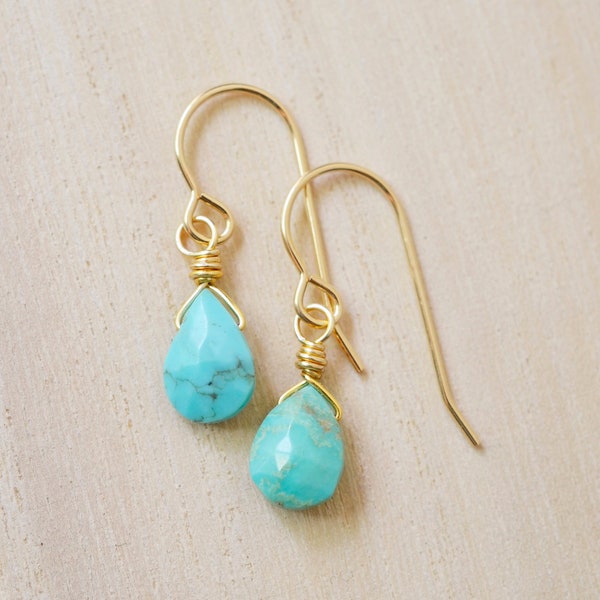 Small Turquoise Earrings in 14k Gold Fill or Sterling Silver - Arizona Turquoise Faceted Teardrop - Turquoise Stone Earrings - Gift For Her
