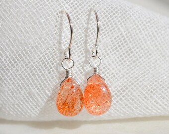 Sunstone Earrings in 14k Gold Fill or Sterling Silver - Natural Sunstone Teardrop Dangles - Gemstone Healing Crystal Jewelry - Gift for Her