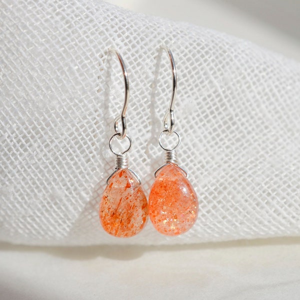 Sunstone Earrings in 14k Gold Fill or Sterling Silver - Natural Sunstone Teardrop Dangles - Gemstone Healing Crystal Jewelry - Gift for Her