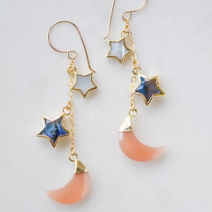 Moon and Star Earrings, Labradorite, Peach Moonstone, Mother Of Pearl Dangles - 14k Gold Filled - Long Celestial Gemstone Jewelry Gift