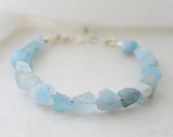 Raw Aquamarine Beaded Bracelet in 14k Gold Filled or Sterling Silver - Genuine Rough Blue Gemstone - March Birthstone - Gift for Her