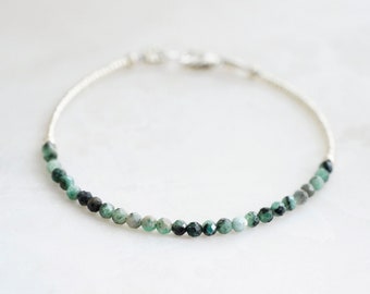 Natural Emerald Bracelet - Beaded Gemstone Bracelet - 14kt Gold Fill or Sterling Silver - May Birthstone Bracelet - Raw Green Emerald