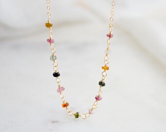 Tourmaline Necklace in Sterling Silver or 14k Gold Filled - Multicolor, Pink, Green, Gemstone Chain - Beaded Dainty Jewelry - Gift for Women