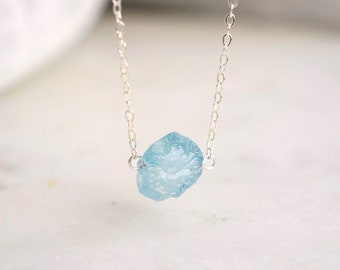 Raw Aquamarine Necklace in Sterling Silver or 14k Gold Filled - Blue Aquamarine Pendant - March Birthstone - Raw Crystal - Gift for Her