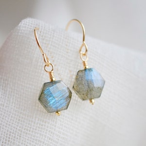 Labradorite Dangles 14k Gold Filled or Sterling Silver - Short Dainty Hexagon Labradorite Earrings - Minimalist Jewelry - Gift for Her