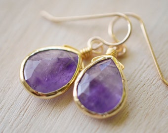 Purple Amethyst Earrings - 14k Gold Filled or Sterling Silver - Natural Gemstone Dangles - February Birthstone Jewelry - Teardrop Earrings