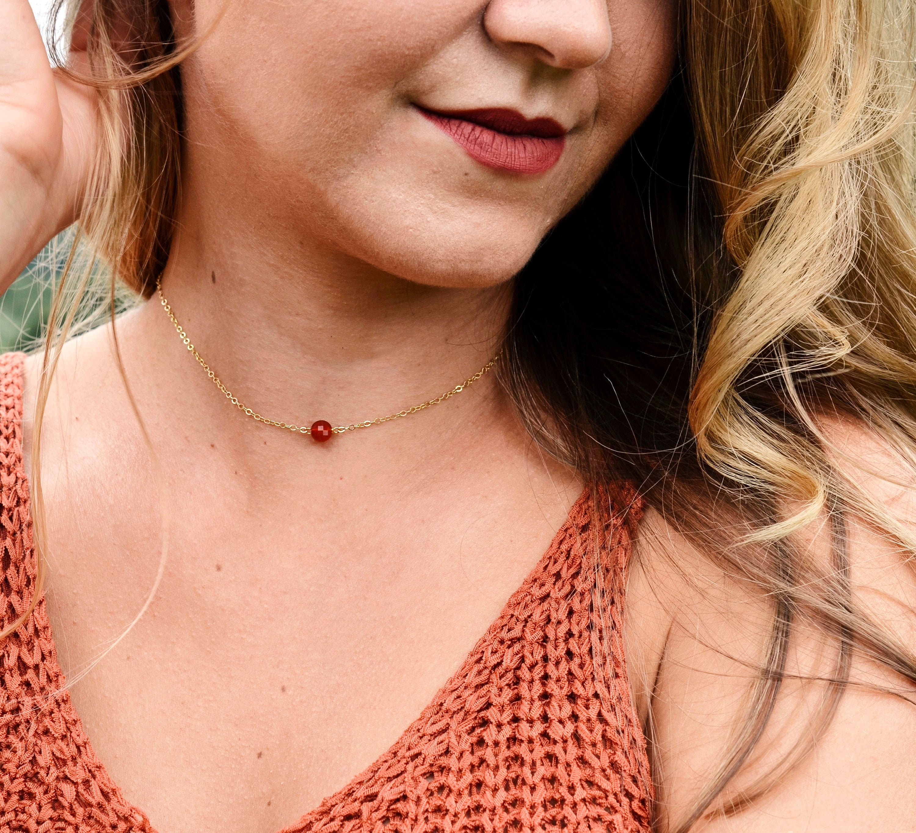 Carnelian Necklace - Sterling Silver or 14kt Gold Filled - Orange Sto…