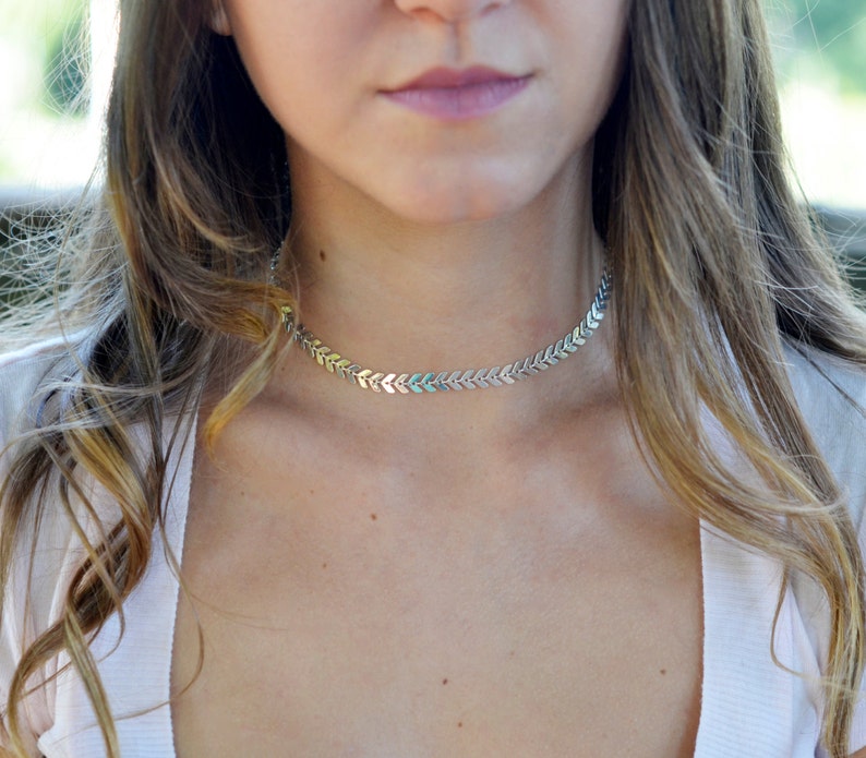 Chevron Chain Choker Silver Choker Necklace Silver or Gold Fishbone Choker Necklace Short Silver Choker Silver Chevron Choker