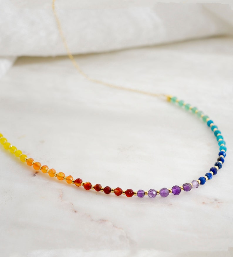 Beaded Chakra Necklace Crystal Rainbow Choker Balancing Yoga Jewelry Real Stone 7 Chakras Dainty Minimalist Boho Gift for Her image 2