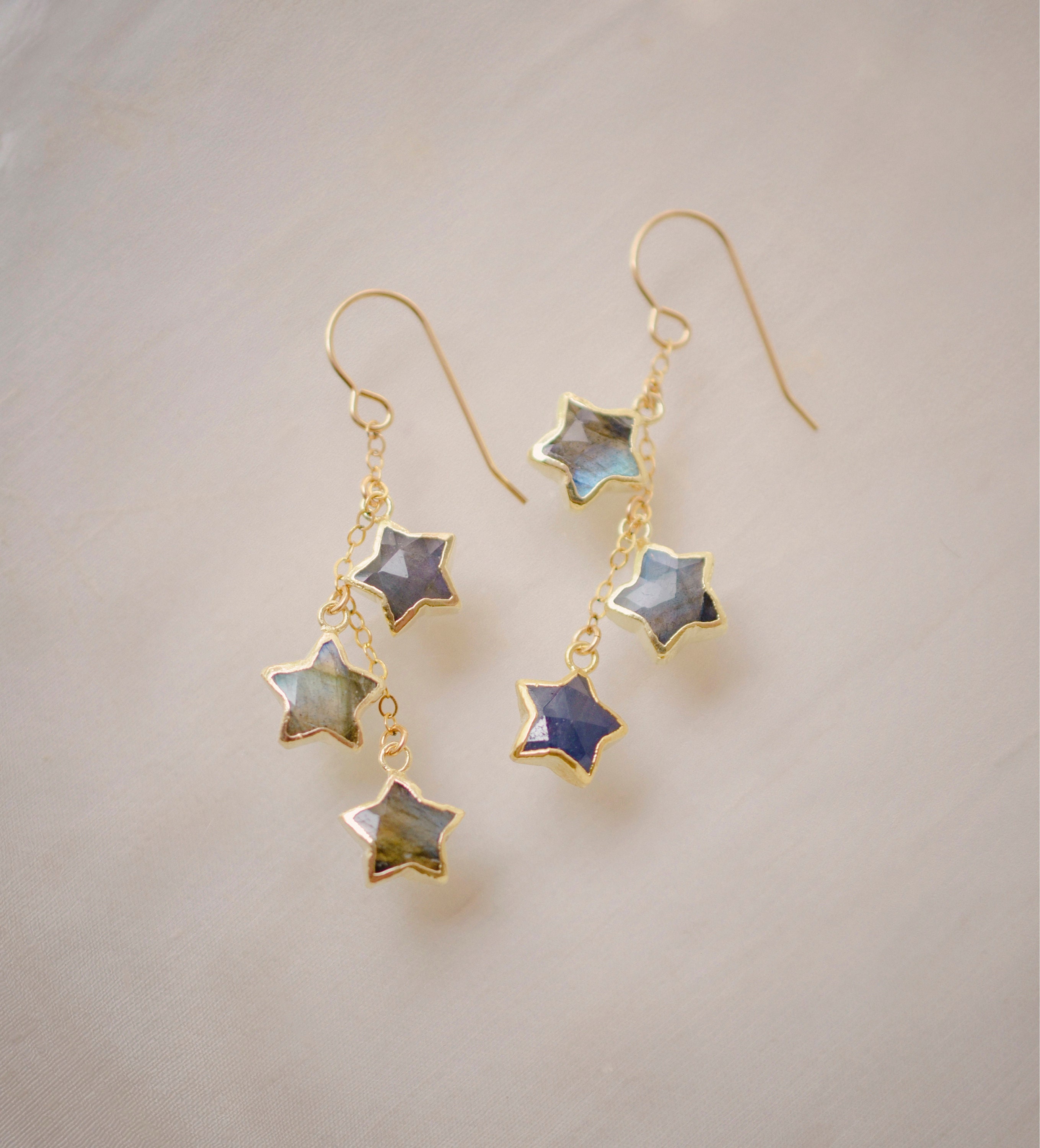 Star Earrings, Labradorite Star Dangles - 14k Gold Filled, Sterling Silver - Dainty Celestial Earrings - Natural Gemstone, Gift For Her, Mom