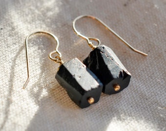 Black Tourmaline Earrings - 14kt Gold Filled or Sterling Silver - Raw Black Tourmaline - Crystal Drop Earrings - Tourmaline Healing