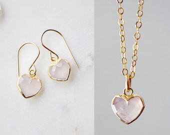 Rose Quartz Heart Earring and Necklace Set: 14k Gold Filled - Pale Pink Dainty Stone Jewelry - Romantic Gifts for Mom, Wife, Girlfriend