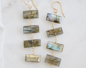 Long Labradorite Earrings in 14k Gold Filled or Sterling Silver - Blue Flash Gemstone Dangles - Hexagon Crystal Jewelry - Gift for Her