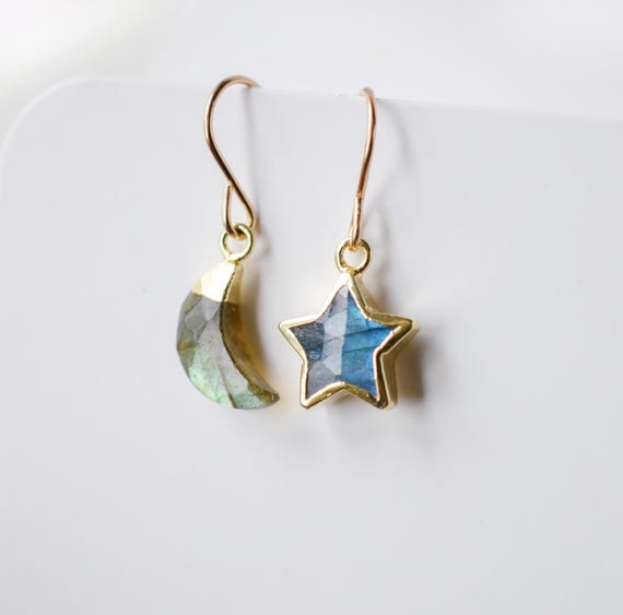 Labradorite Star and Moon Earrings: 14k Gold Filled Celestial Dangles