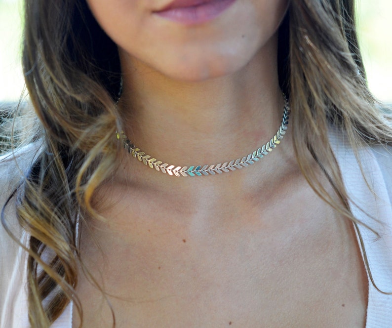 Chevron Chain Choker Silver Choker Necklace Silver or Gold Fishbone Choker Necklace Short Silver Choker Silver Chevron Choker