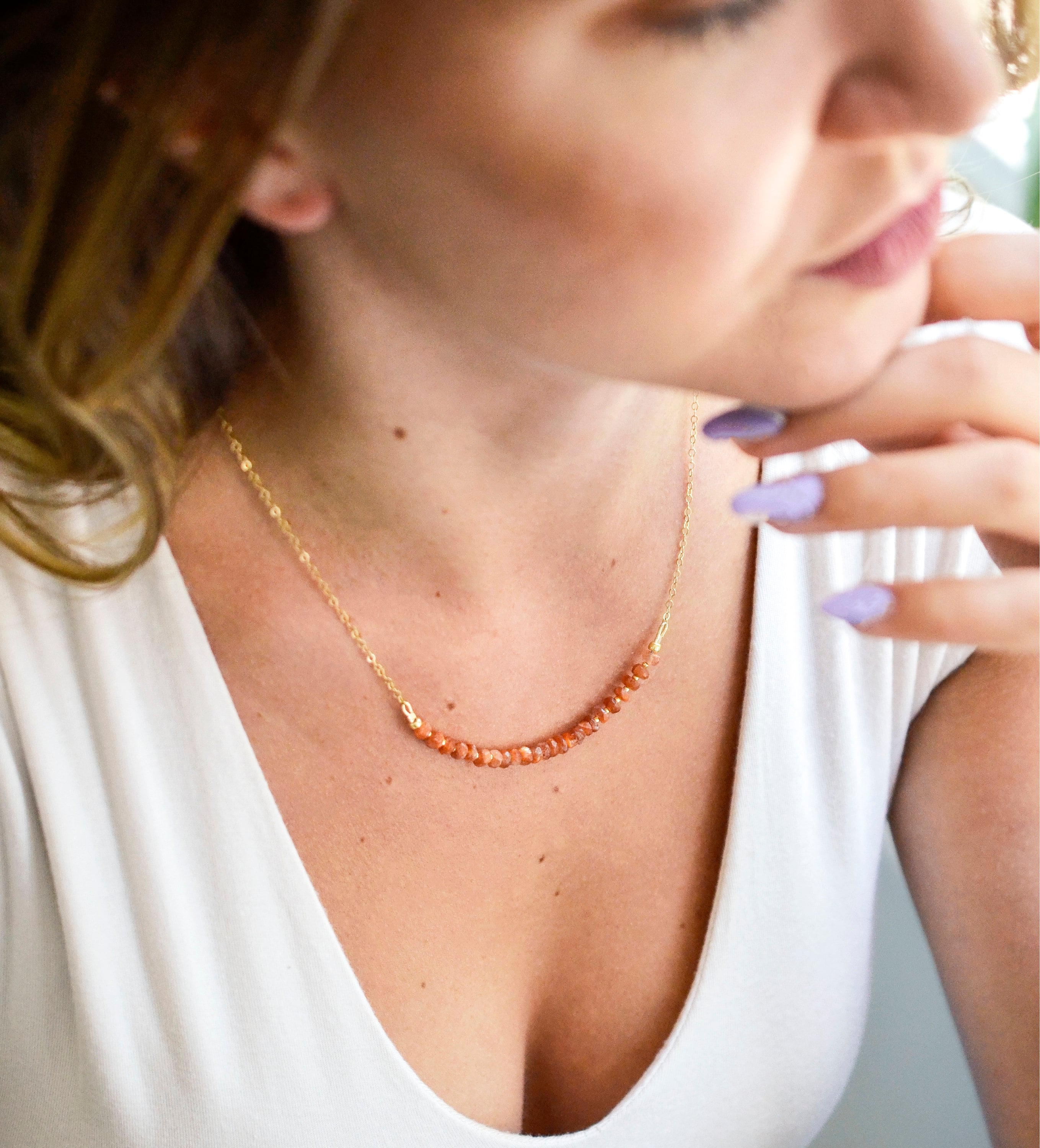 Sunstone Bar Necklace in 14k Gold Fill or Sterling Silver - Natural Sunstone Beaded Jewelry - Healing Crystal - Orange Gemstone Necklace