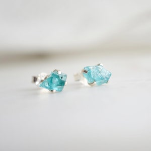 Raw Apatite Stud Earrings in Sterling Silver - Rough Stone Posts - Blue Rough Crystal Studs - Minimalist Gemstone Jewelry - Gift for Women