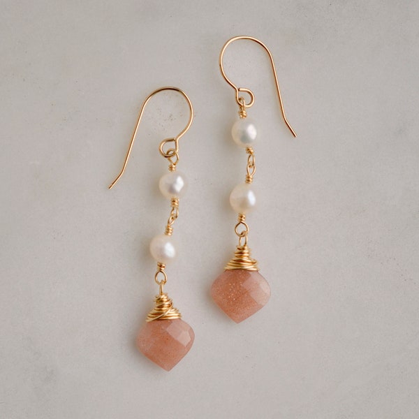 Sunstone and Pearl Earrings - 14k Gold Fill or Sterling Silver - Long Natural Sunstone Dangles - White Freshwater Pearl - Peach and White