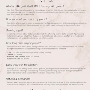 May include: FAQ about 14kt gold filled jewelry, including information about its properties, shipping times, and care instructions. The text also mentions that returns and exchanges are accepted within 7 days of purchase.