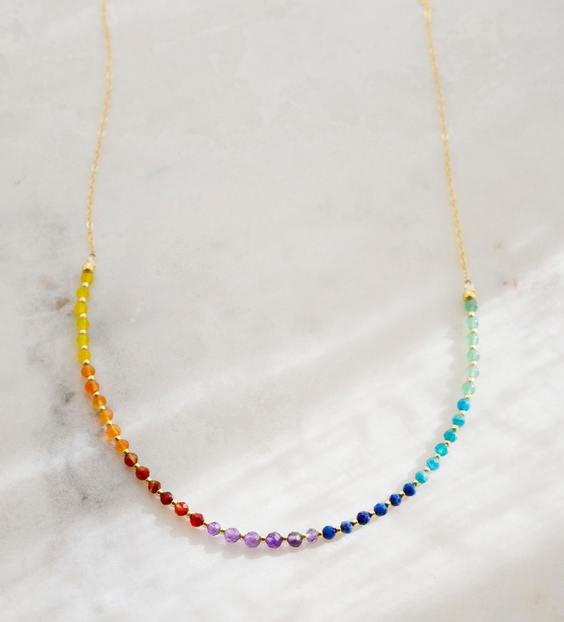 Beaded Chakra Necklace Crystal Rainbow Choker Balancing Yoga Jewelry Real Stone 7 Chakras Dainty Minimalist Boho Gift for Her image 1