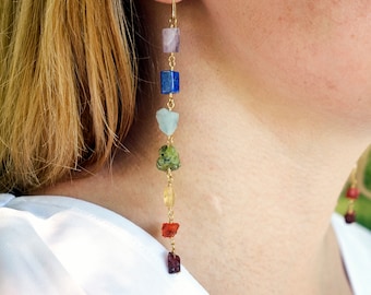 Long Crystal Chakra Earrings in 14kt Gold Filled or Sterling Silver - Seven Chakra Gemstone Dangles - Rainbow - Raw Stone Drop Jewelry