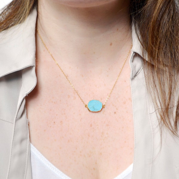 Turquoise Blue Howlite Raw Slice Gold Dipped Connector Pendant Necklace, Gold Turquoise Necklace, Gold Turquoise Pendant