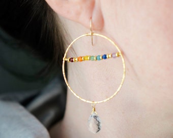 Large Rainbow Earrings in 14k Gold Filled or Sterling Silver - Chakra Gemstone Hoops - Pride LGBTQ Jewelry - Gift for Her or Yoga Lover