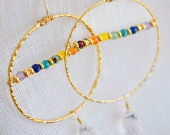 Rainbow Hoop Earrings in 14k Gold Filled or Sterling Silver - Chakra Gemstone Dangles - Pride LGBTQ Jewelry - Gift for Her or Yoga Lover