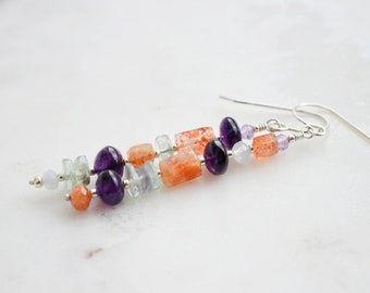 Mismatched Sunstone, Amethyst, Fluorite Earrings in 14k Gold Fill or Sterling Silver - Long Bar Dangles - Gemstone Jewelry - Gift for Her