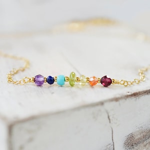 Crystal Chakra Necklace in Sterling Silver or 14k Gold Filled - Rainbow Pride Pendant - Yoga Jewelry - 7 Stone Chakra Bar - Gift for Her