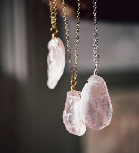 Large Raw Rose Quartz Pendant Necklace in Sterling Silver or 14k