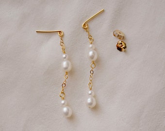 Delicate White Pearl Dangle Earrings in 14k Gold Filled or Sterling Silver, Genuine Pearl Post, Everyday or Wedding Jewelry, Gift for Her