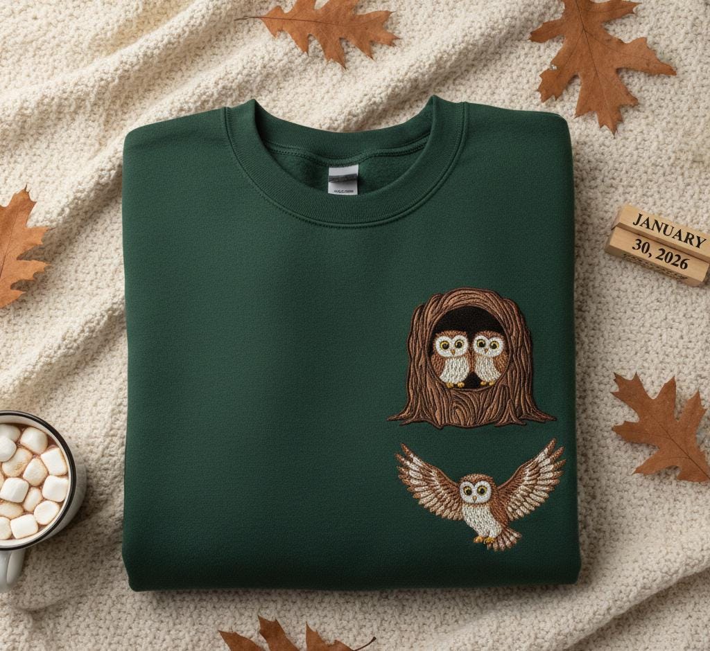 Custom Owl Family Embroidered Sweatshirt, Cute Woodland Animal Design, Cozy Nature Lover Gift