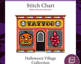 ハロウィンタトゥースタジオのニードルポイント図案、ハロウィンビレッジコレクションのクロスステッチパターン、デジタルダウンロードPDF