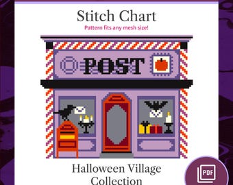 ハロウィン郵便局のニードルポイント図案、ハロウィンビレッジコレクションのクロスステッチパターン、デジタルダウンロードPDF