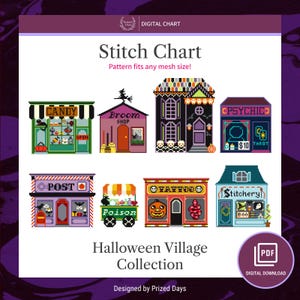 Halloween Village Collectie Borduurpatronen, Bundel met 8 griezelige kruissteekpatronen, Digitale PDF-download
