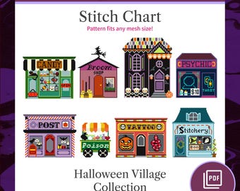 ハロウィンビレッジコレクション ニードルポイントチャートバンドル、不気味なクロスステッチパターン8種類、デジタルダウンロードPDF