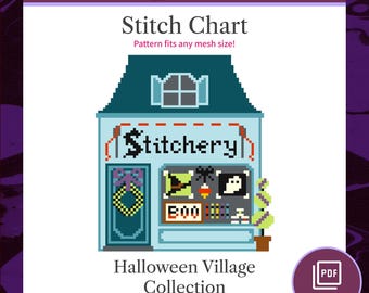 Patrón de bordado de Halloween, patrón de punto de cruz de la colección Halloween Village, descarga digital en PDF.