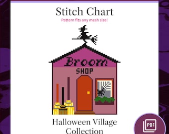 ハロウィン魔女のほうきショップ ニードルポイントチャート PDF、クロスステッチパターン、デジタルダウンロード