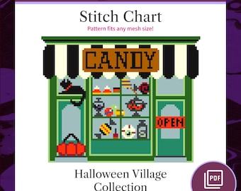 ハロウィンのキャンディストアのニードルポイント図案（PDF）、クロスステッチパターン、デジタルダウンロード