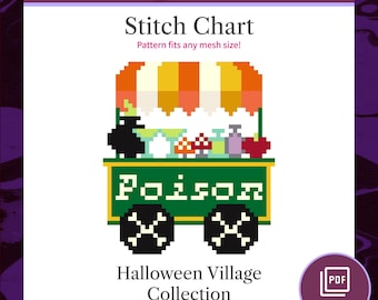 ハロウィンの毒カートのニードルポイント図案、ハロウィンビレッジコレクションのクロスステッチパターン、デジタルダウンロードPDF