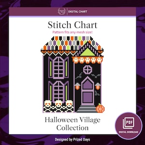 May include: A digital stitch chart for a Halloween village collection featuring a pixelated haunted house design. The house is black with purple windows, a roof with orange, green, and purple tiles, three skulls at the base, and an orange pumpkin.