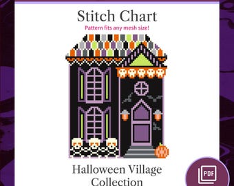 Patrón de punto de cruz en PDF para casa embrujada de Halloween, descarga digital.