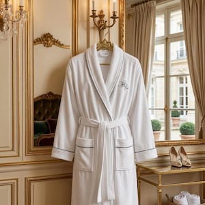 May include: A white plush bathrobe featuring a shawl collar, long sleeves, and a matching tie belt. The robe has thin black piping along the collar, cuffs, and pockets, with a black embroidered monogram on the left chest area.