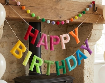 Felt Birthday Garland, Party Decoration Banner,  Felt Letters Happy Birthday